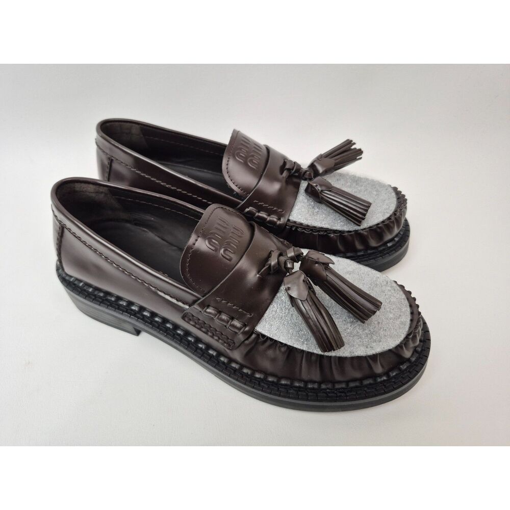 Miu Miu Women's Moro Brown Tassel Patent Leather Loafer Size 36
